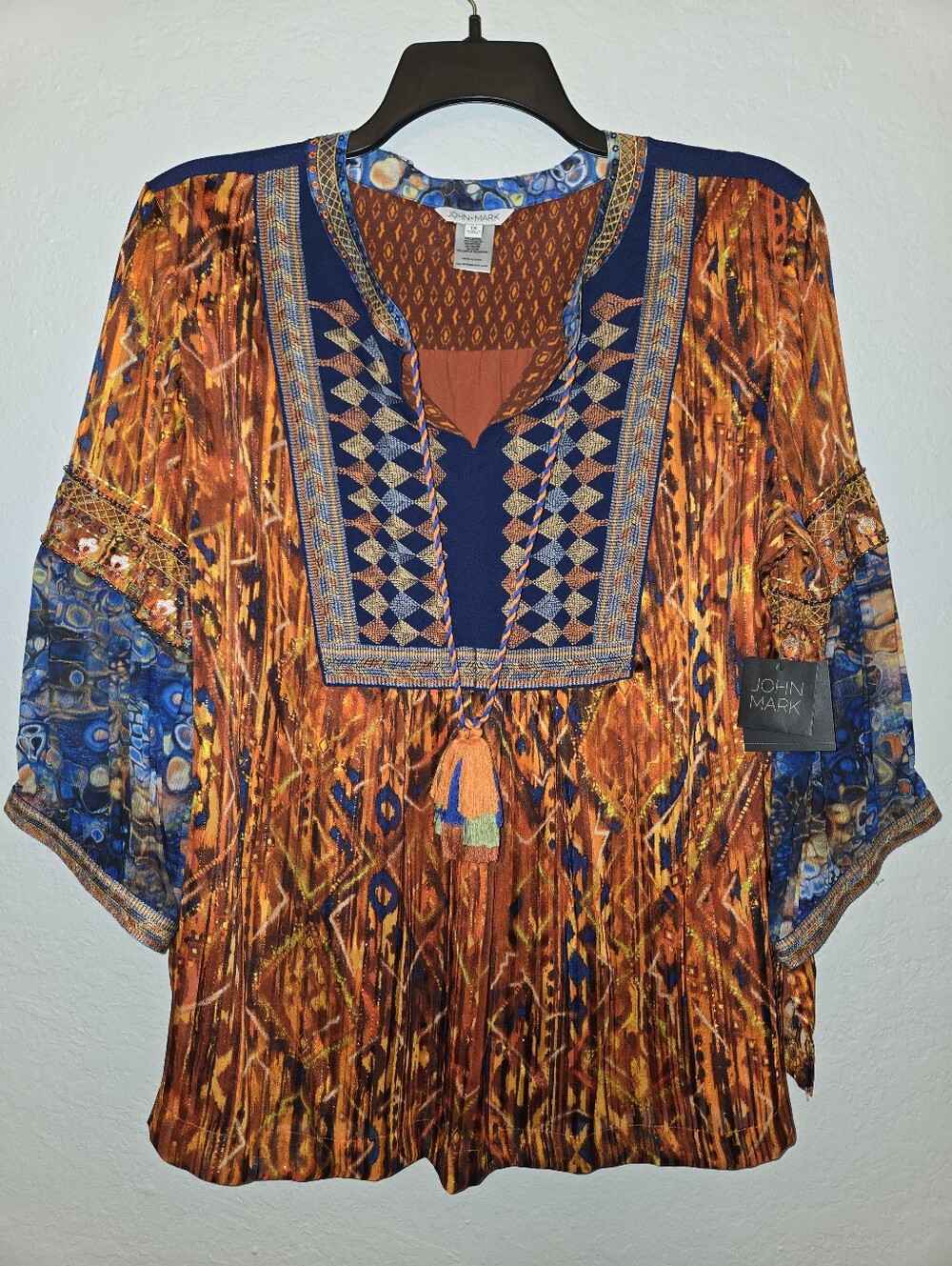 John Mark Multicolor Boho Tassel Blouse in Rust Orange and Navy, Size 1X - Picture 2 of 3